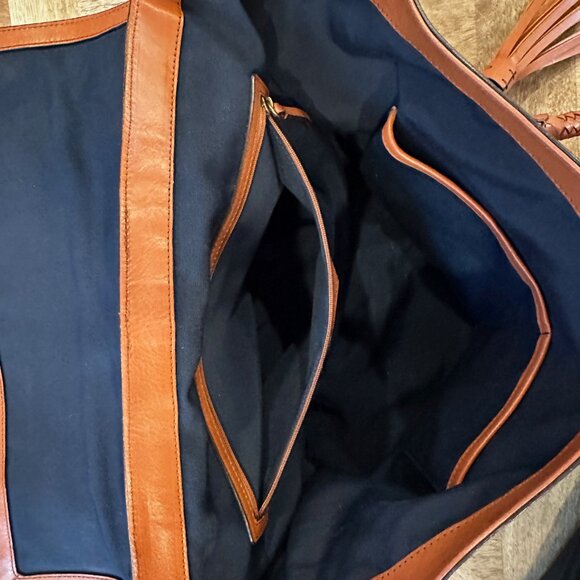 Cole Haan Brown Leather Handbag with Braided Handles and Tassel - Picture 7 of 8